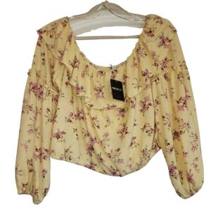 NWT Forever 21 Butter Yellow Top Pink Roses Size 2X On/Off Shoulder Ruffle Neck